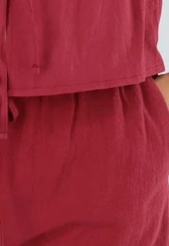Wijnrode Linnenlook 2-Piece met Strikdetail en Wijde Pijpen