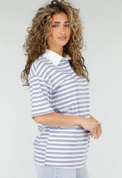 Wit Blauwe Gestreepte Polo Top met Kraag en Korte Mouwen