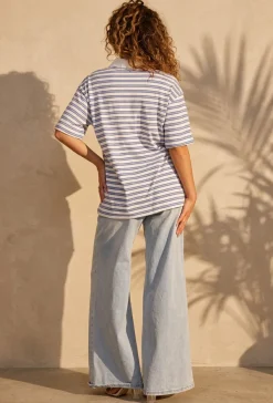 Wit Blauwe Gestreepte Polo Top met Kraag en Korte Mouwen