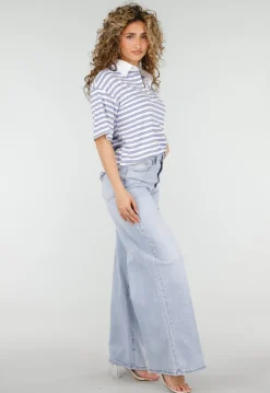 Wit Blauwe Gestreepte Polo Top met Kraag en Korte Mouwen