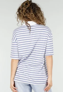Wit Blauwe Gestreepte Polo Top met Kraag en Korte Mouwen