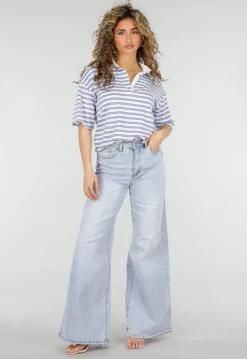 Wit Blauwe Gestreepte Polo Top met Kraag en Korte Mouwen