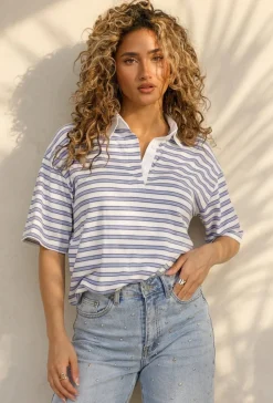 Wit Blauwe Gestreepte Polo Top met Kraag en Korte Mouwen