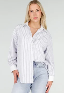 Wit Gestreepte Blouse met Strass Steentjes en Lange Mouwen