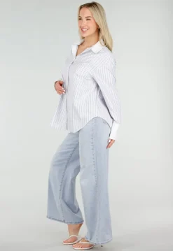 Wit Gestreepte Blouse met Strass Steentjes en Lange Mouwen