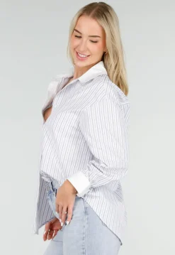 Wit Gestreepte Blouse met Strass Steentjes en Lange Mouwen