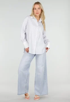 Wit Gestreepte Blouse met Strass Steentjes en Lange Mouwen