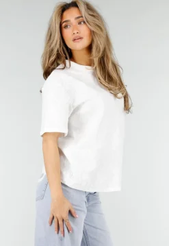 Wit Kanten T-shirt met Korte Mouwen en Ronde Hals