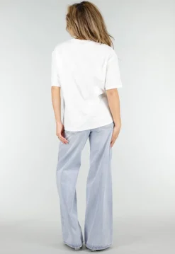 Wit Kanten T-shirt met Korte Mouwen en Ronde Hals