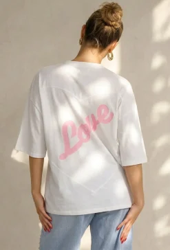 Wit Katoenen Oversized T-shirt met Roze Tekstprint op de Rug