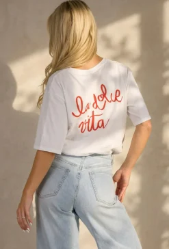 Wit Katoenen T-shirt met La Dolce Vita Print en Korte Mouwen