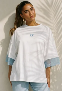 Wit Oversized T-Shirt met Blauw Kant