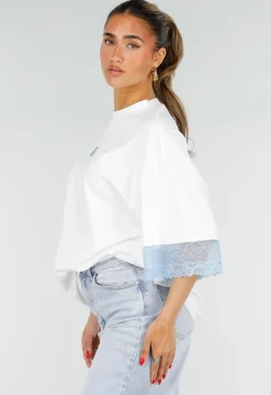 Wit Oversized T-Shirt met Blauw Kant