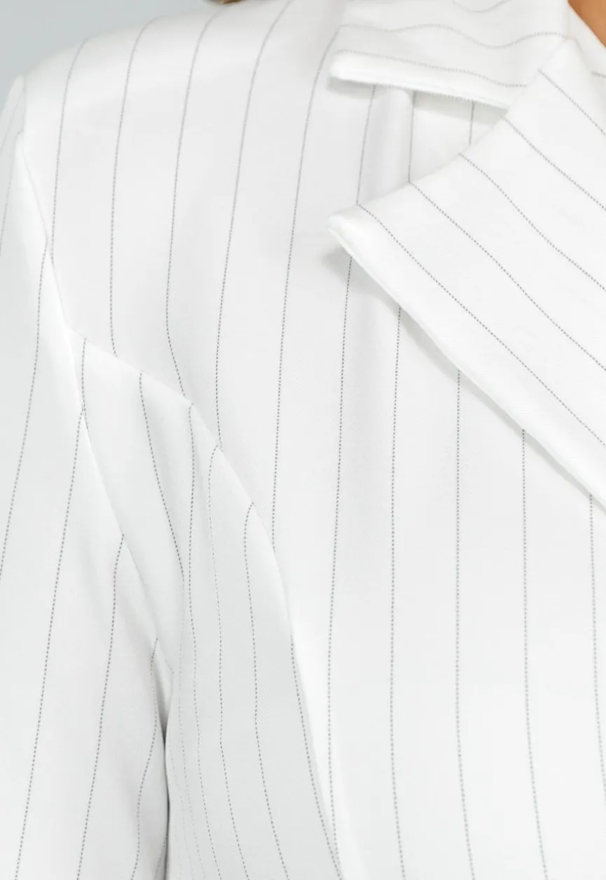 Wit Pinstripe Blazerjurk met Lange Mouwen, Kraag en Knoopsluiting