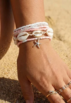 Wit/Roze Armbandenset met Kauri Schelpjes en Zeester Bedeltje