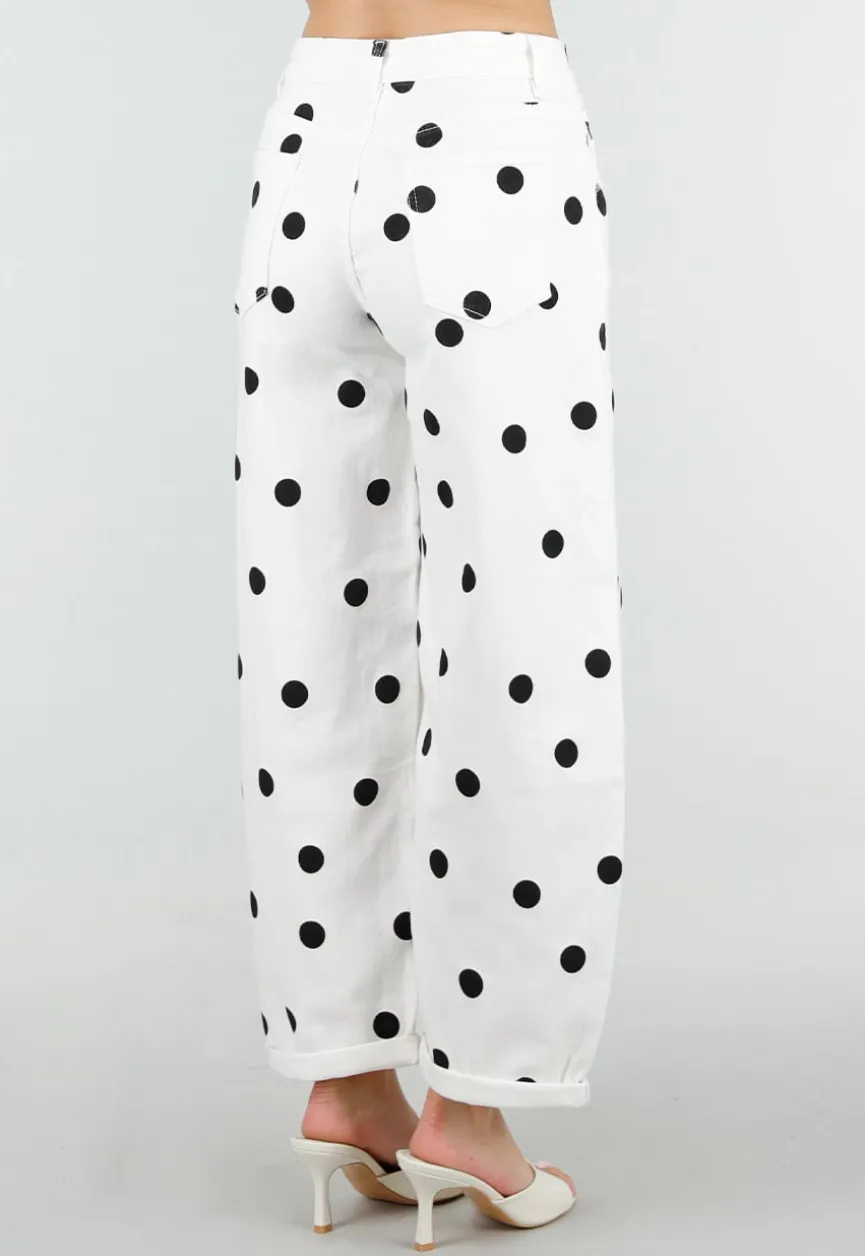 Witte Barrel Jeans met Zwarte Stippen en Hoge Taille