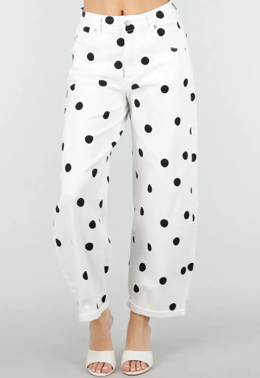 Witte Barrel Jeans met Zwarte Stippen en Hoge Taille