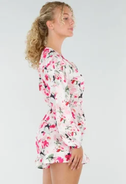 Witte Bloemen Playsuit met Lange Pofmouwen