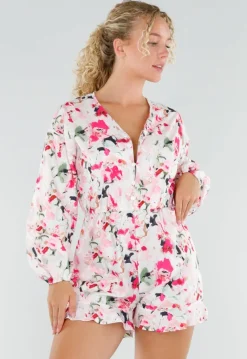 Witte Bloemen Playsuit met Lange Pofmouwen