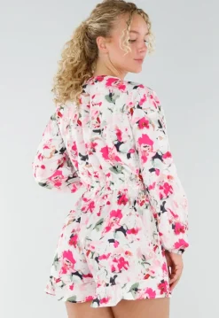 Witte Bloemen Playsuit met Lange Pofmouwen