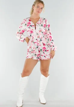 Witte Bloemen Playsuit met Lange Pofmouwen