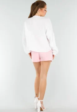 Witte Blouse met Koordsluitingen en Hartvormige Zakken