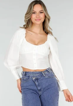 Witte Blouse met Lange Pofmouwen en Knopen