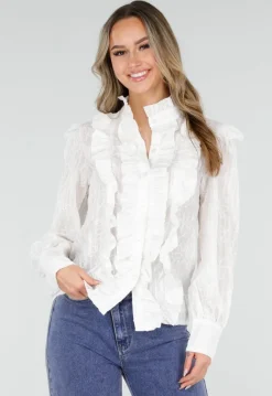 Witte Blouse met Ruches en Lange Mouwen
