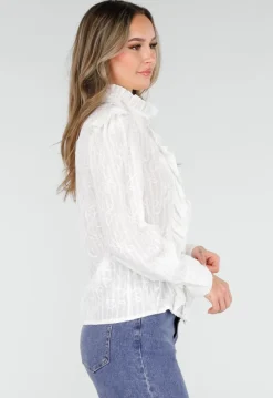 Witte Blouse met Ruches en Lange Mouwen