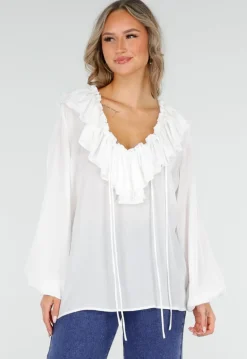 Witte Blouse met Ruches en Vetersluiting bij de Hals