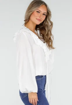 Witte Blouse met Ruches en Vetersluiting bij de Hals