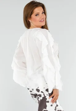 Witte Blouse met Volants en Losvallende Ballonmouwen