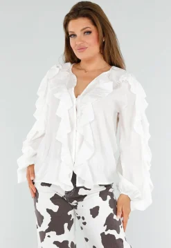 Witte Blouse met Volants en Losvallende Ballonmouwen