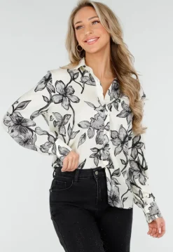 Witte Blouse met Zwarte Bloemenprint en Lange Mouwen