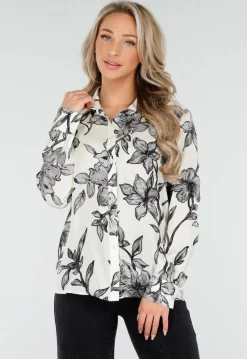Witte Blouse met Zwarte Bloemenprint en Lange Mouwen
