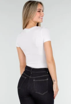 Witte Bodysuit met Korte Mouwen en Diepe V-Hals in Stretchstof
