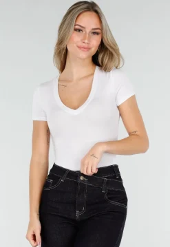 Witte Bodysuit met Korte Mouwen en Diepe V-Hals in Stretchstof