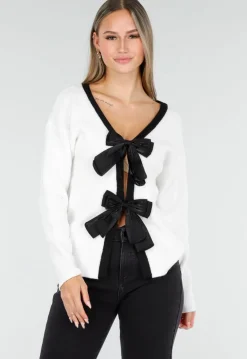 Witte Cardigan met Zwarte Strikken en Lange Mouwen