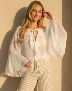 Witte Chiffon Blouse met Ruches en Knoopsluiting