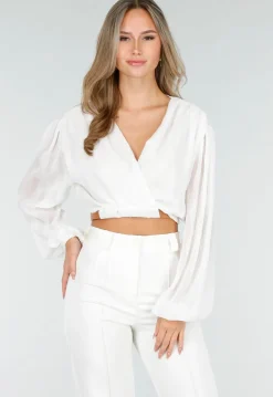Witte Crop Blouse met V-Hals en Luchtige Mouwen
