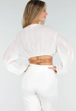Witte Crop Blouse met V-Hals en Luchtige Mouwen