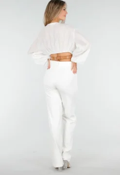 Witte Crop Blouse met V-Hals en Luchtige Mouwen