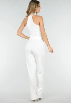 Witte Cropped Haltertop met Gouden Ringdetail