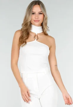 Witte Cropped Haltertop met Gouden Ringdetail