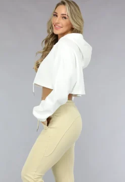 Witte Cropped Hoodie met Pofmouwen