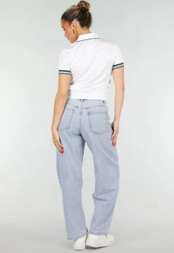 Witte Cropped Polo met Groene Contrasterende Strepen