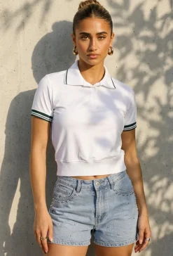 Witte Cropped Polo met Groene Contrasterende Strepen