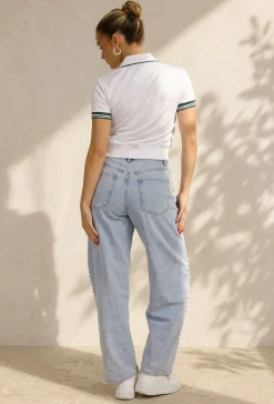 Witte Cropped Polo met Groene Contrasterende Strepen