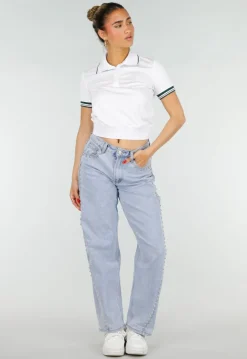 Witte Cropped Polo met Groene Contrasterende Strepen