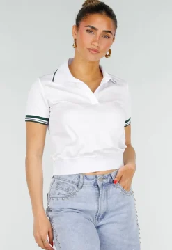 Witte Cropped Polo met Groene Contrasterende Strepen